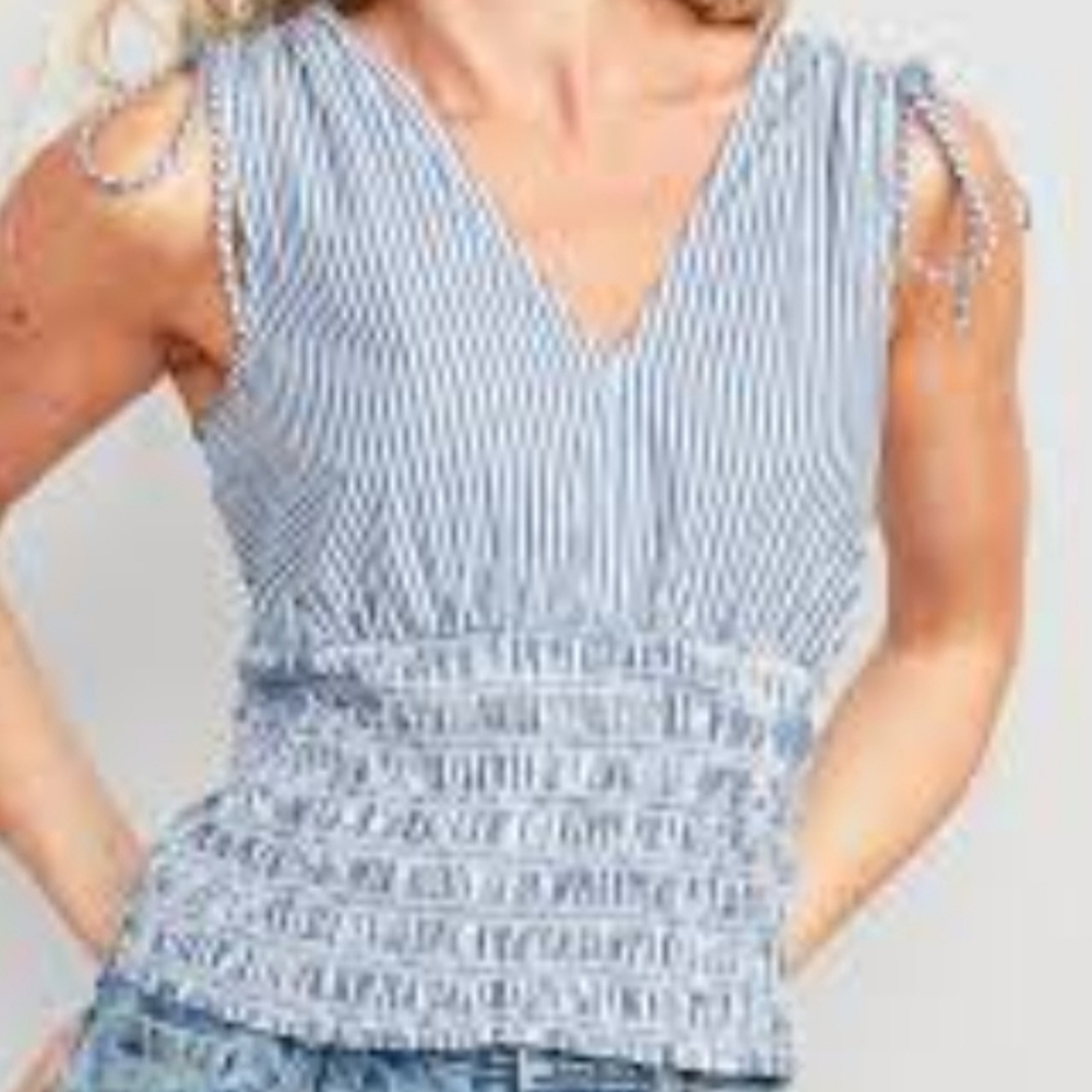 Old Navy Lobelia Blue Striped Ruched Shoulder Smocking Waist Boho Cottage Top S